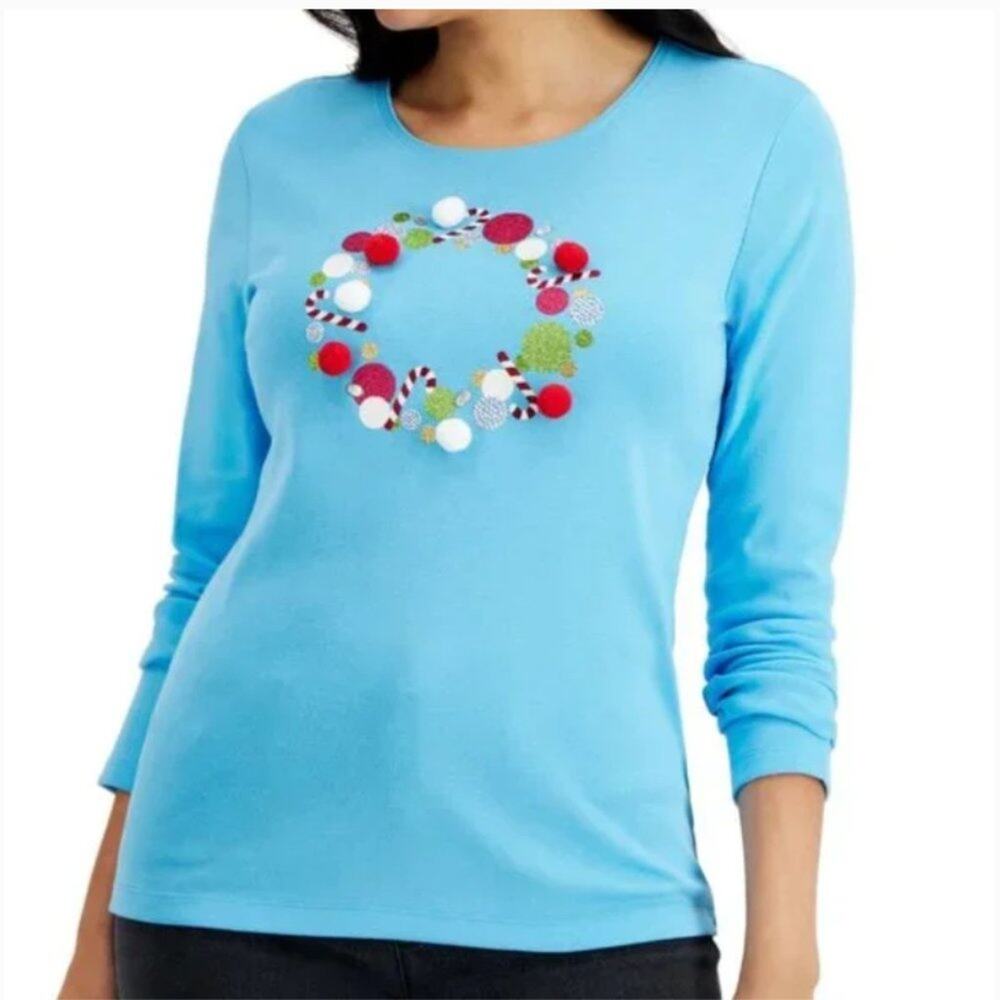 Karen Scott Holiday Wreath Long Sleeve Tee